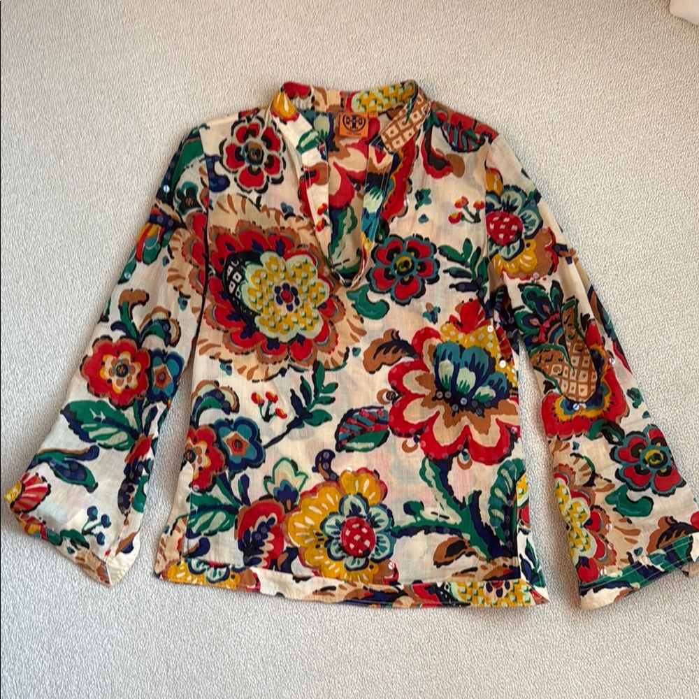 Tory Burch Red and Orange Bell Sleeve Blouse